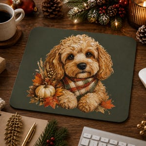 May include: A rectangular mouse pad featuring a golden-brown curly-haired dog wearing a red and green plaid bandana. The dog is surrounded by autumn-themed elements including a small white pumpkin, orange maple leaves, and wheat stalks.