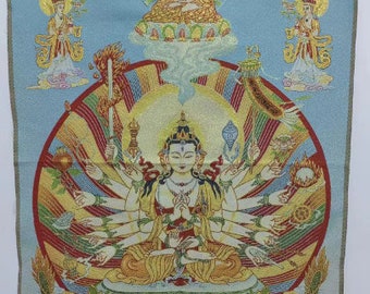 Pintura thangka budista tibetana de 35", Avalokitesvara con mil manos y mil ojos, cartel de arte de mandala de seda budista de Nepal de bendición