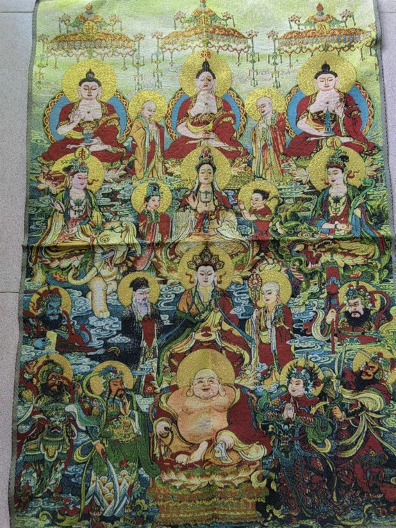 手描きの仏像 瞑想する仏教徒、祝福、ネパール仏教シルク曼荼羅アート