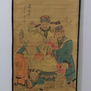 Vintage Rice Paper Painting, Chinese Old Scroll Painting, Wall decor Mounted/frame God of Wealth Theme, Fengshui drawing painted Art Signed
