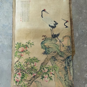 Unique Asian Unframed watercolour Handpainted Antique crane, calligraphy,replica Vtg Frameless Picture core painting Ancient paintings P1091