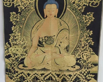 35インチのチベット仏教タンカ画、瞑想する仏陀像、祝福する仏陀