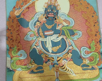 Dipinto Thangka del Buddha Dzambala fatto a mano, decorazione murale in broccato tibetano (90 x 60 cm)