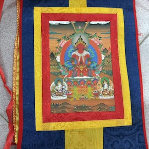 Hand Painted Buddha Thangka  longevity buddha Thangka-Gautama Tibetan Wall Hanging Tangka Mala Silk Framed Brocade  Thangka Painting Py204