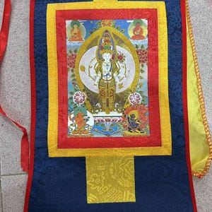 Hand Painted Buddha Thangka Thousands Hands Guanyin Thangka-Gautama Tibetan Wall Hanging Tangka Mala Silk Framed Brocade  Thangka Painting