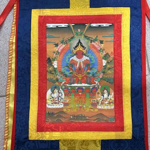 Hand Painted Buddha Thangka  longevity buddha Thangka-Gautama Tibetan Wall Hanging Tangka Mala Silk Framed Brocade  Thangka Painting Py203