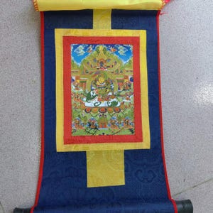 Hand Painted Buddha Thangka Yellow Jambhala Thangka-Gautama Tibetan Wall Hanging Tangka Mala Silk Framed Brocade Thangka Painting gift P184