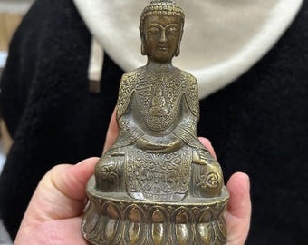 Estatua de Buda de loto de cobre con pátina antigua, decoración zen para el hogar 359
