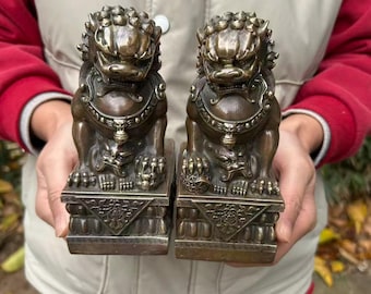 Vintage Copper  Lion Pair Desk Figurines Folk Art Home Decor  P399