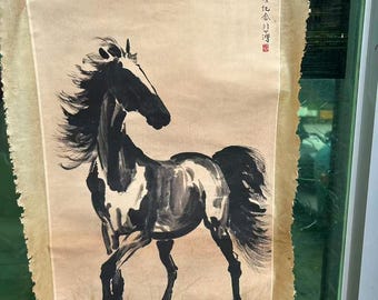走る馬の水墨画：大きな白黒の風水壁アート - Etsy 日本
