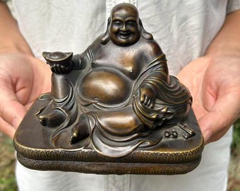 Bronzen lachende Boeddhabeeld, zendecor, meditatiecadeau