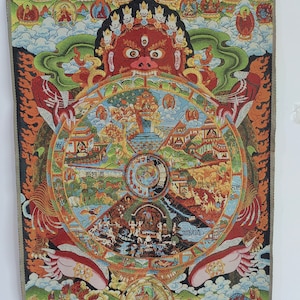 35インチ チベット仏陀の輪廻タンカ、輪廻タンカアート、輪廻のカルマ 壁装飾 絵画 タペストリー ポスター アクセント 輪廻曼荼羅
