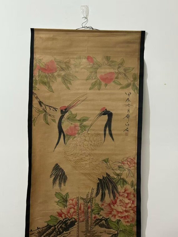 Home Decor Old Scroll Painting Ancient Oriental Crane Peach