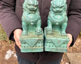 Vintage Copper  Lion Pair Desk Figurines Folk Art Home Decor  P442