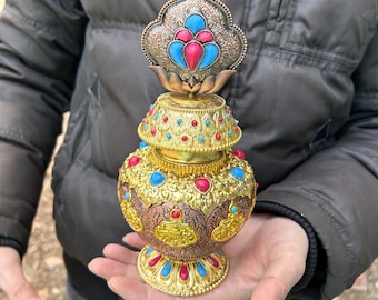 Vergoldete tibetische acht verheißungsvolle Schatz-Vase Hausaltar-Dekor-Segen-Verzierung P383