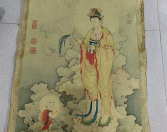 Vintage Guanyin Painting, Chinese Brush Ink Art (Unframed 90x50cm)