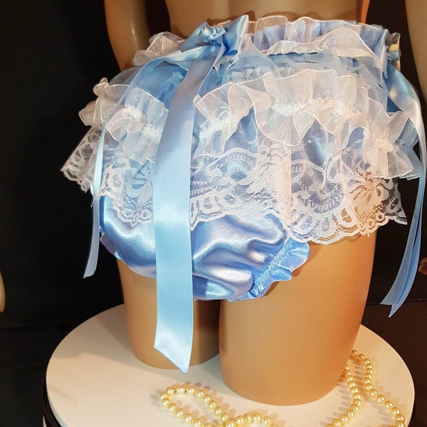 New in the shop!!! Only one available Sissy Luxury blue White satin lined organza strips tutu sissy underpants