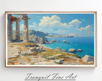 Ruina costera griega, impresiones de pared, impresión de pintura al óleo, arte de pared, arte imprimible, descarga digital