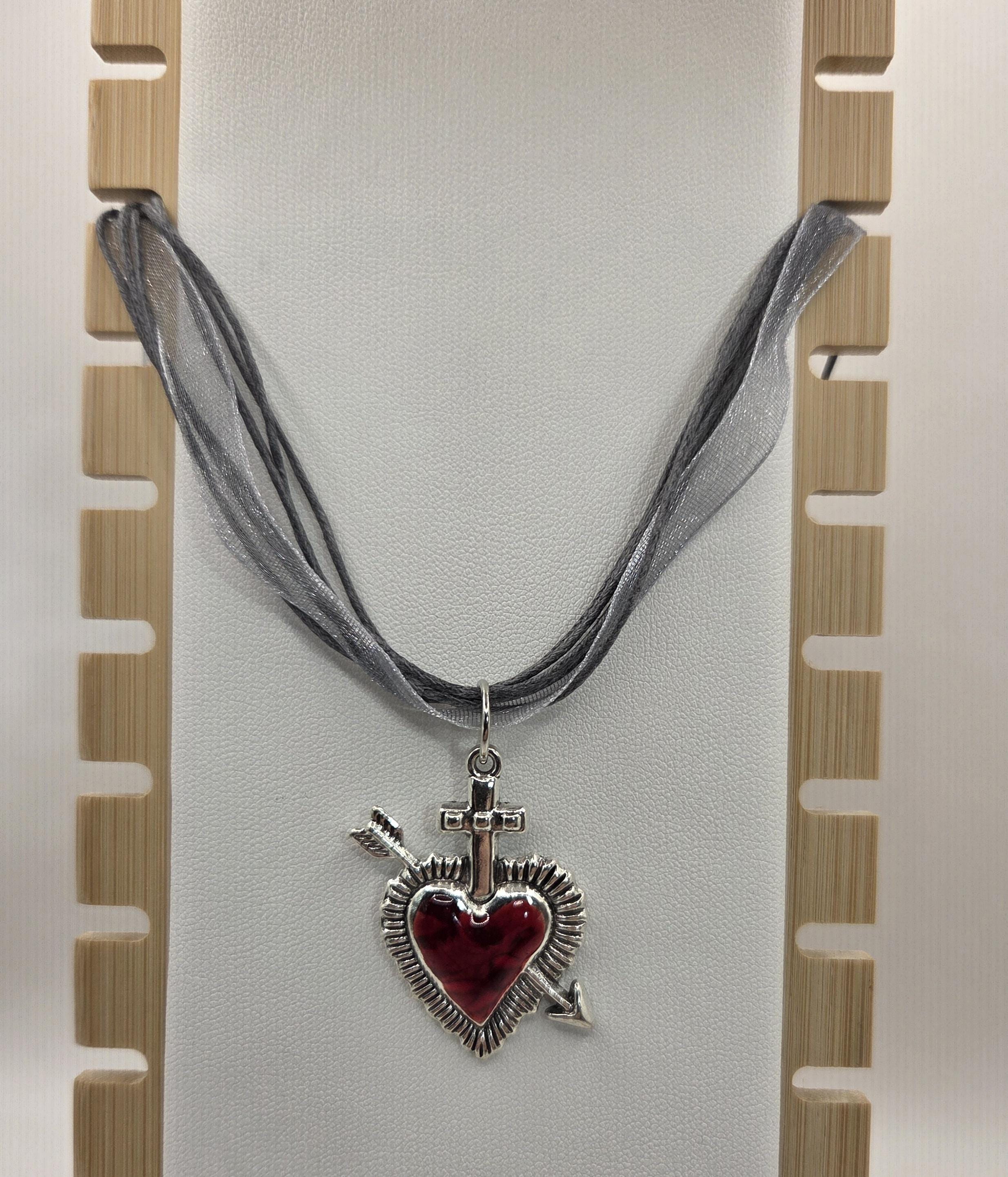 Red Heart Pendant Necklace, Black Ribbon Cord Necklace, Adjustable 18–20 Inch Alternative Jewelry
