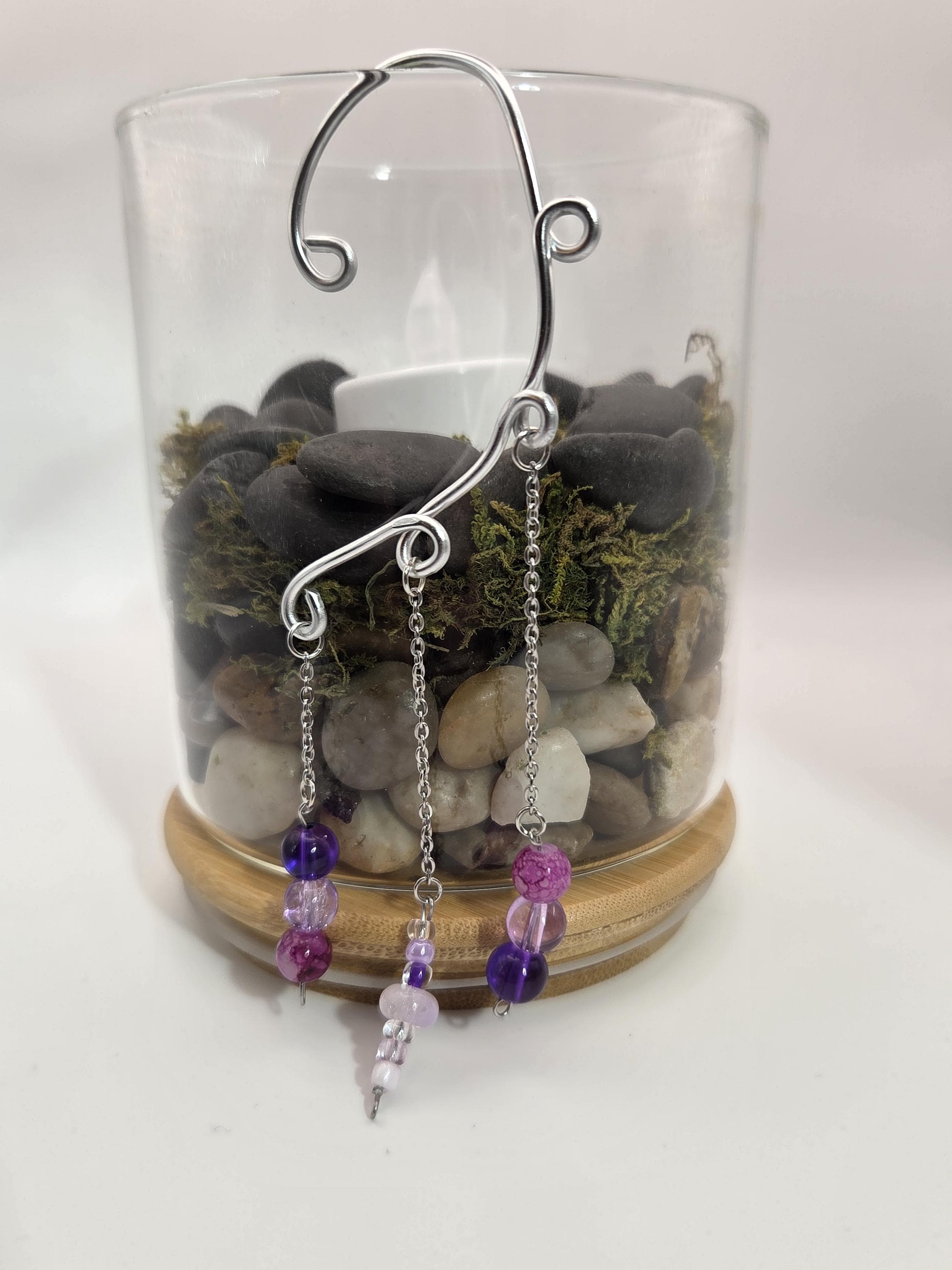 Purple Beaded Ear Cuff, Adult Silver-Tone Wire Ear Wrap with Triple Chain Dangles, No Piercing Jewelry