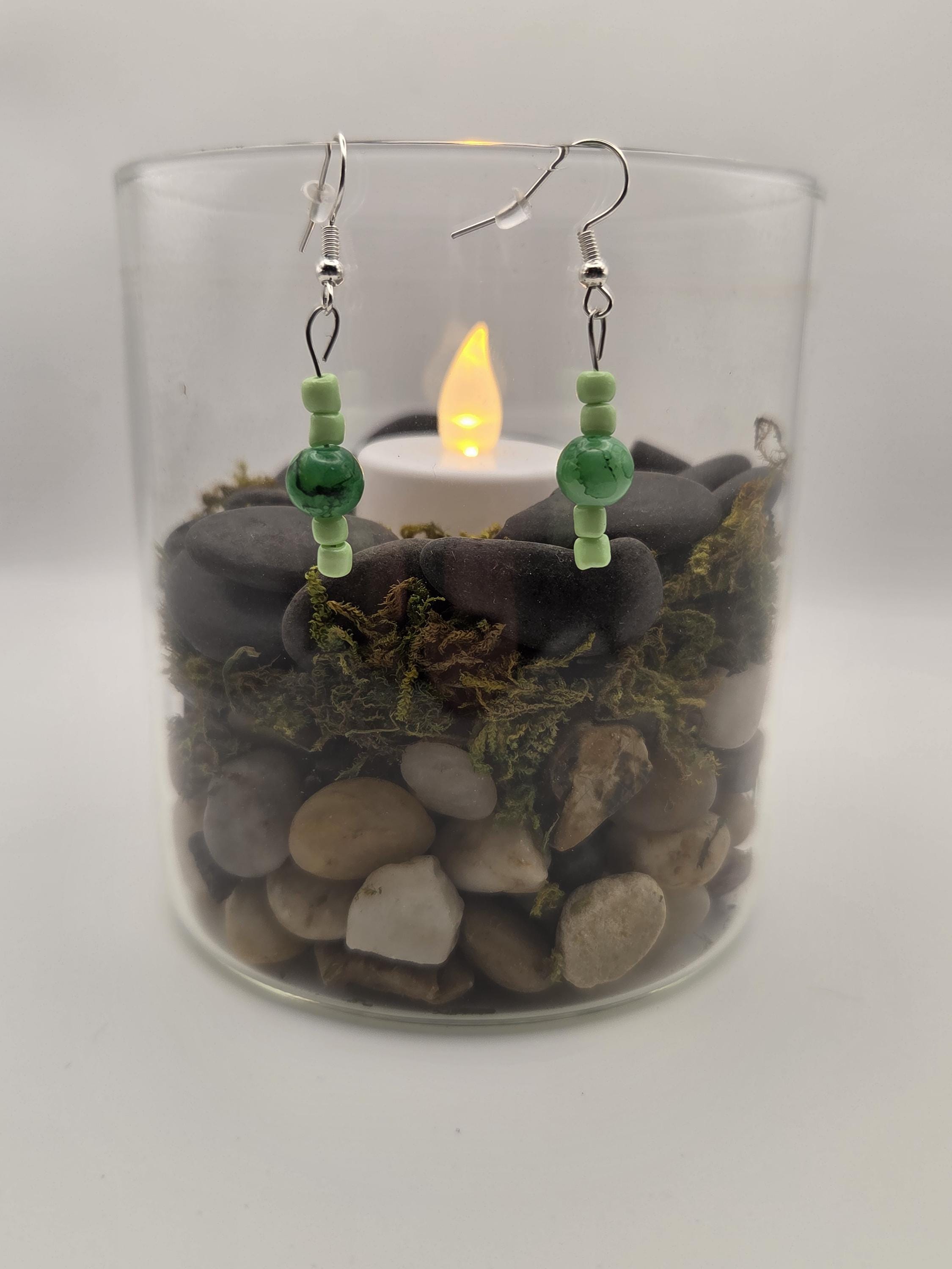 Green Beaded Dangle Earrings, Handmade Silver-Tone Drop Earrings, Lightweight Botanical Jewelry