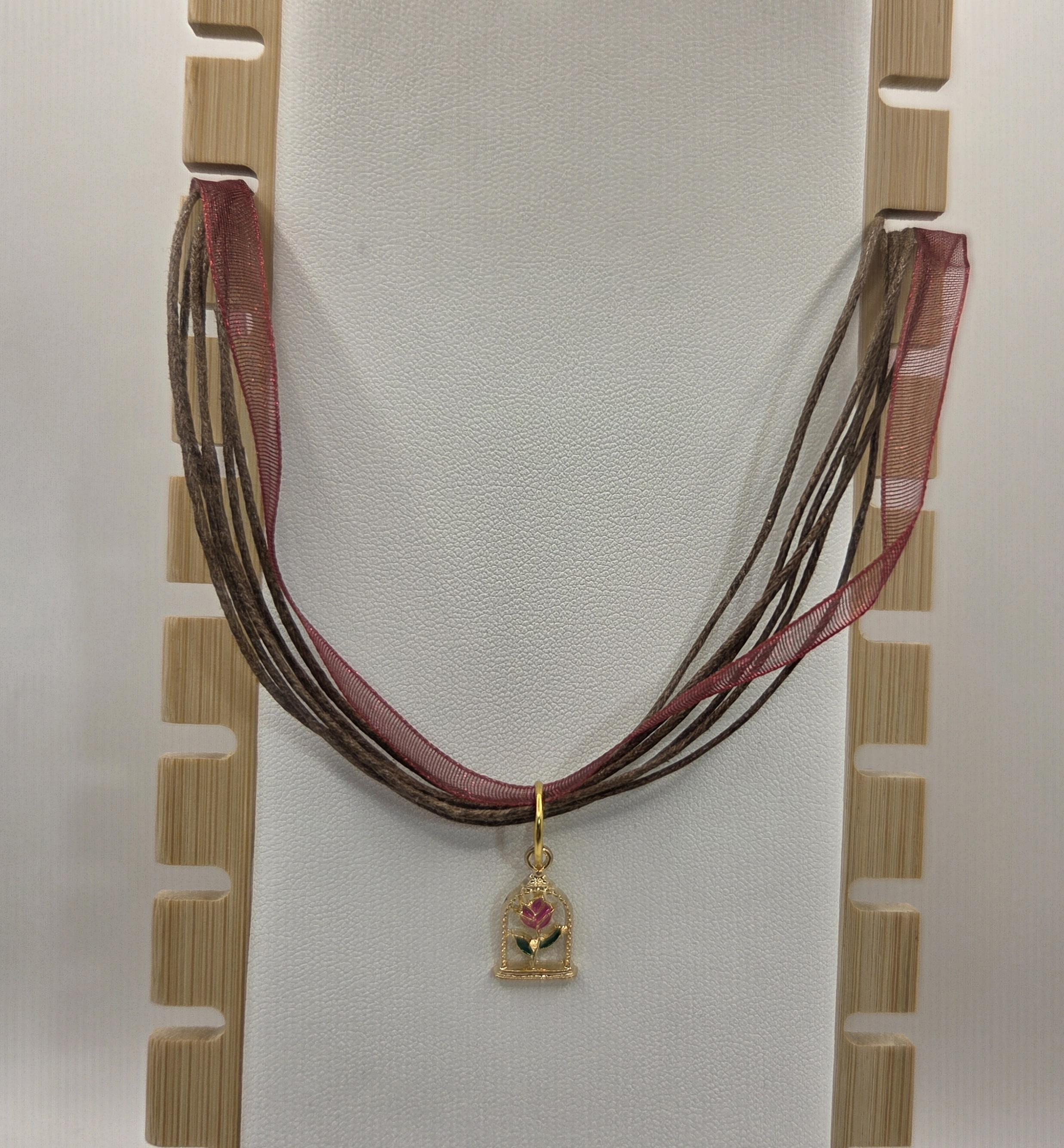 Enchanted Rose Pendant Necklace, Burgundy Ribbon and Brown Cord, Adjustable 18–20 Inch Fairytale Jewelry