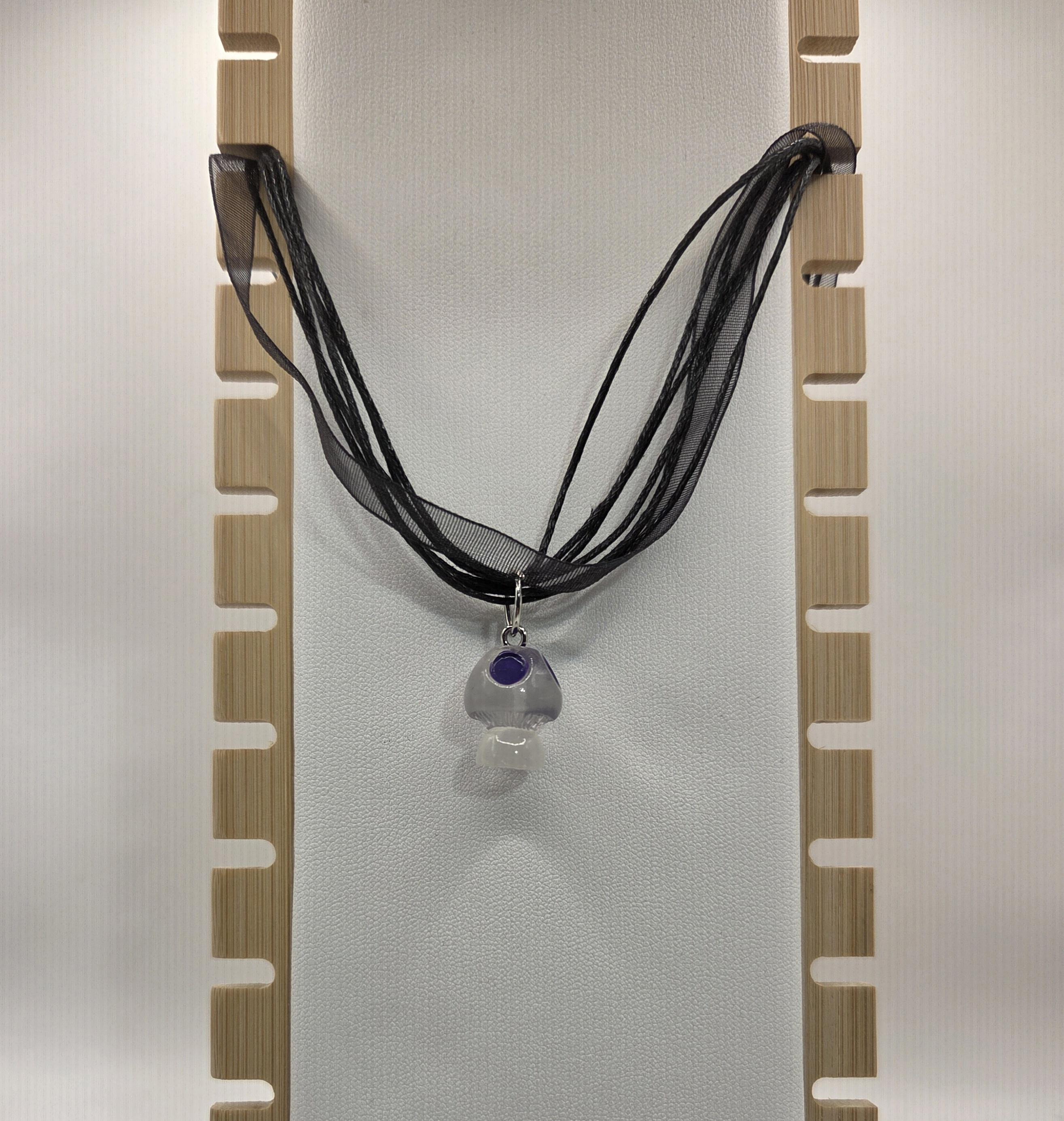 Black Ribbon Necklace with Purple Mushroom Pendant, Adjustable 18–20 Inch Organza Cord Necklace