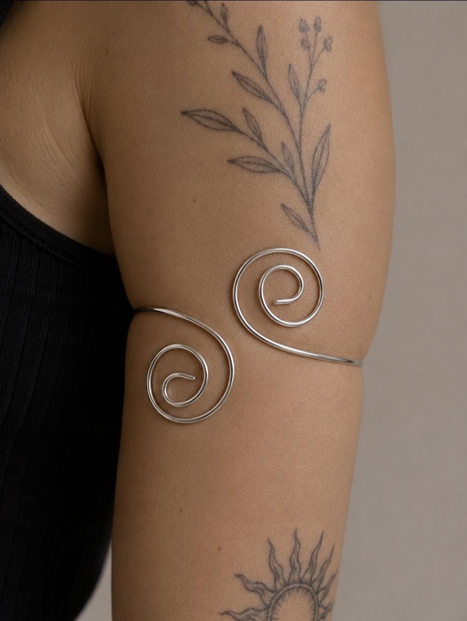 Adult Spiral Arm Cuff, Handmade Silver-Tone Wire Upper Arm Bracelet, Adjustable Statement Jewelry