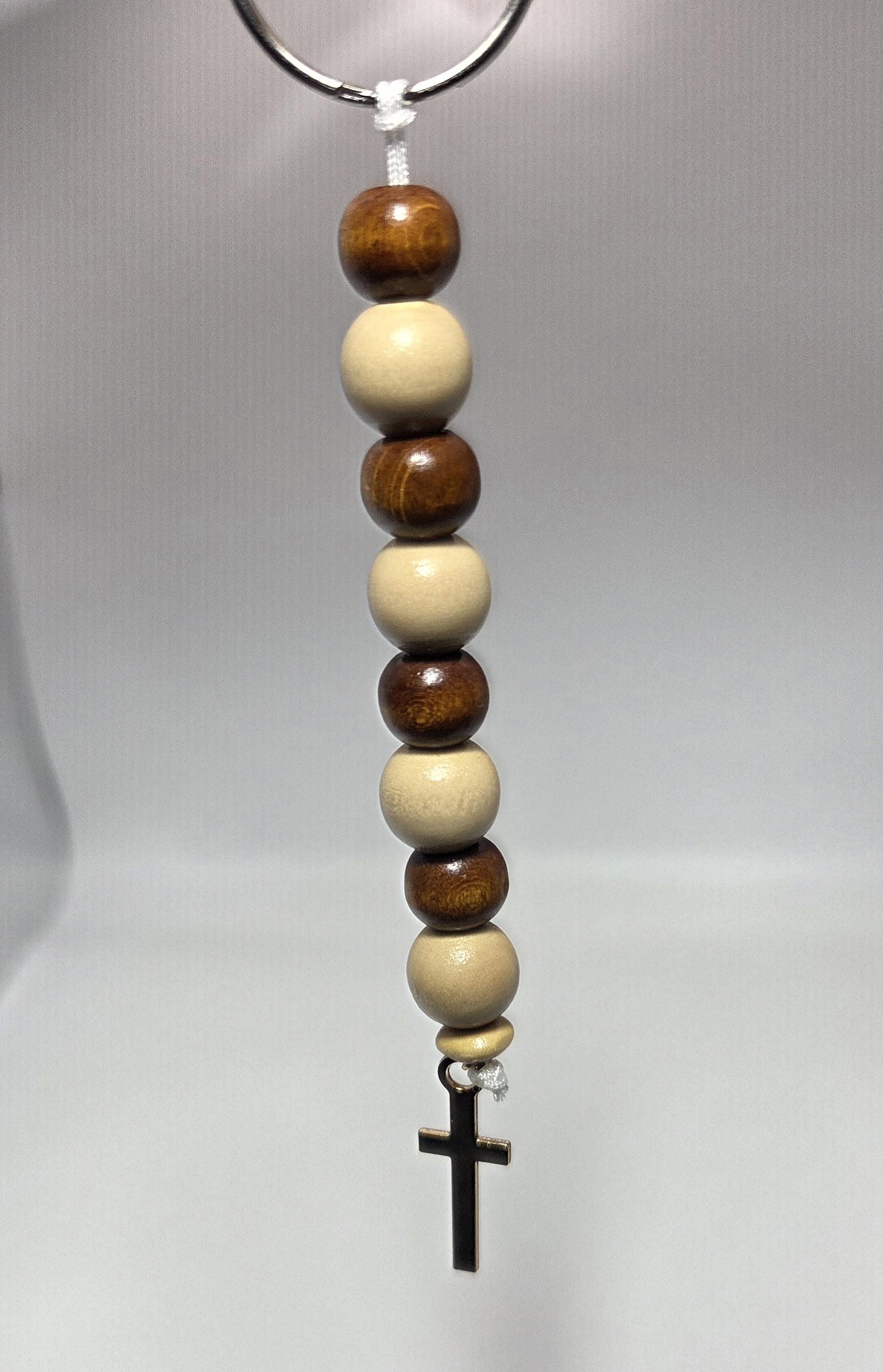 Wood Bead Cross Keychain, Brown and Natural Beaded Faith Charm, Christian Bag Accessory