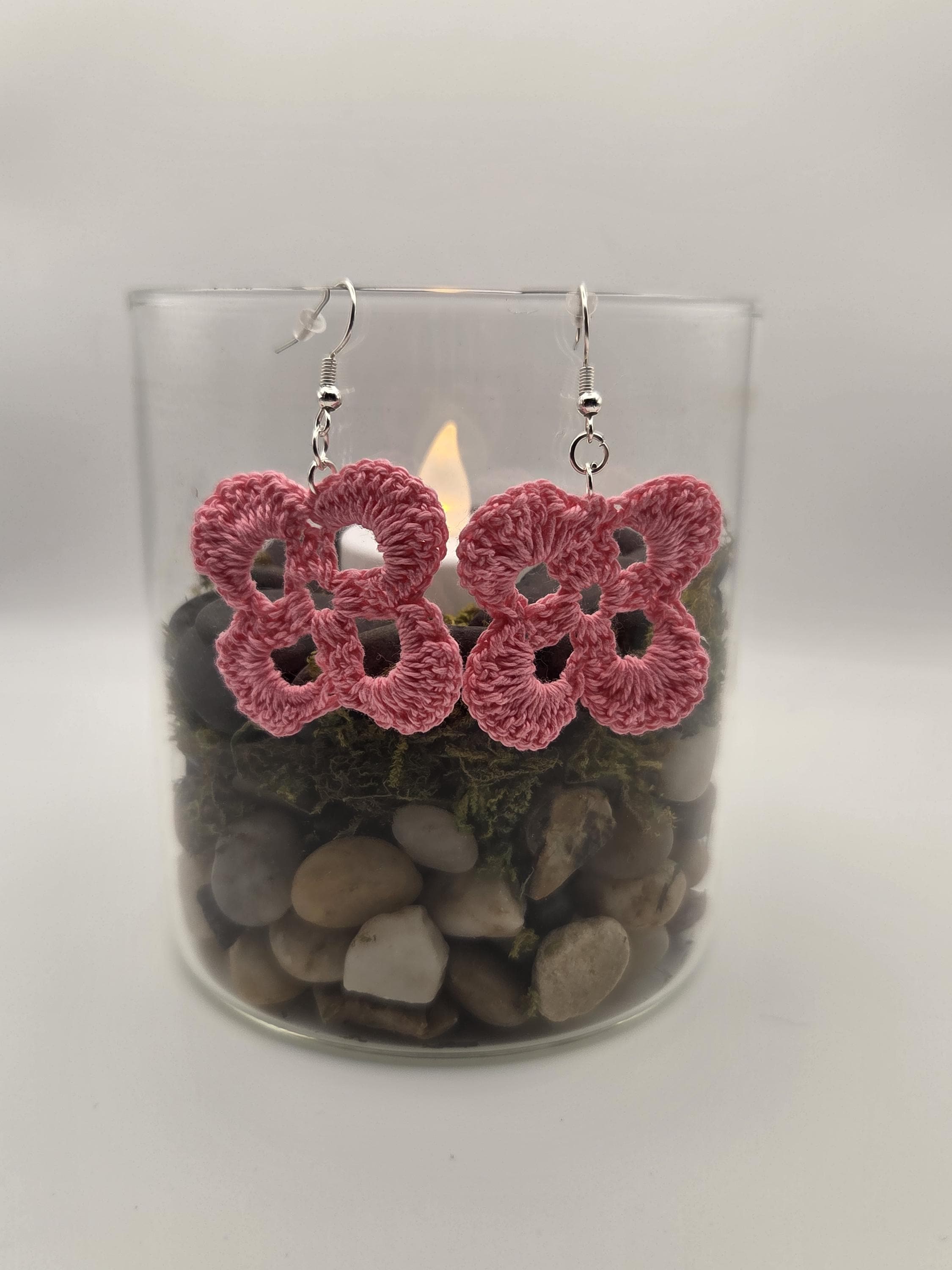 Pink Crochet Flower Earrings, Handmade Fiber Dangle Earrings, Lightweight Floral Jewelry