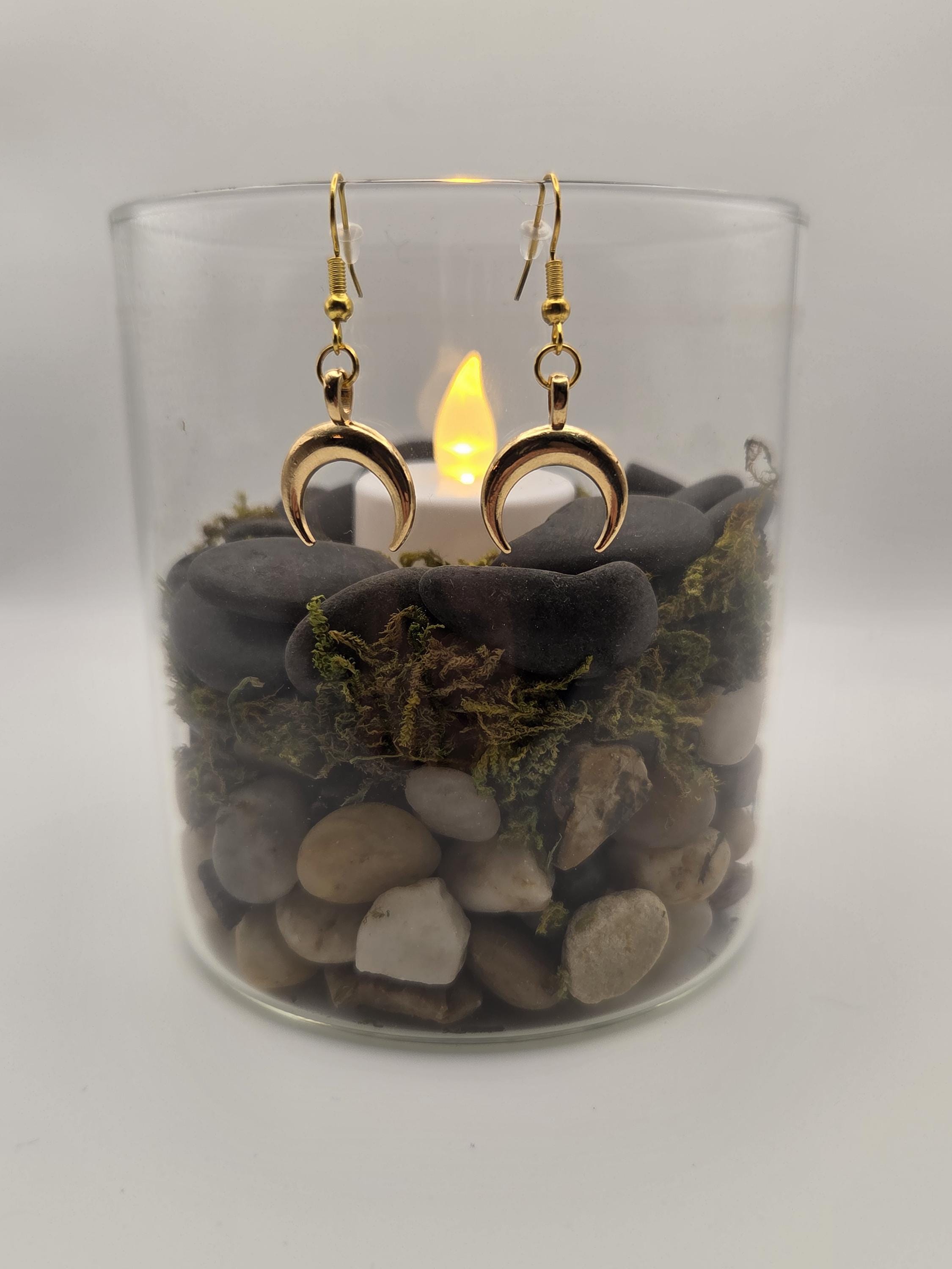 Gold-Tone Crescent Moon Earrings, Celestial Dangle Earrings, Lightweight Costume Jewelry