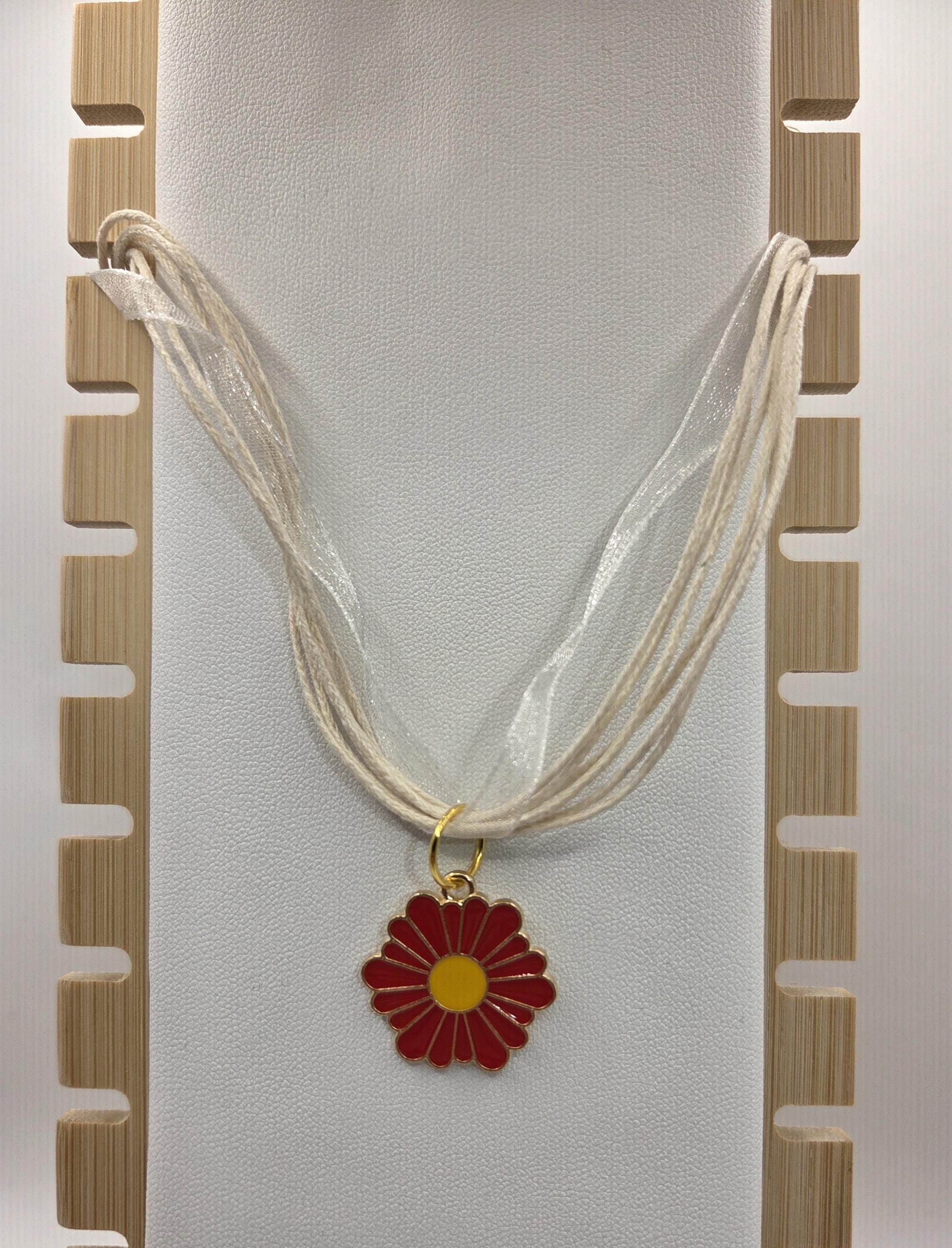 Red Daisy Pendant Necklace, Ivory Ribbon and Cord, Adjustable 18–20 Inch Floral Jewelry