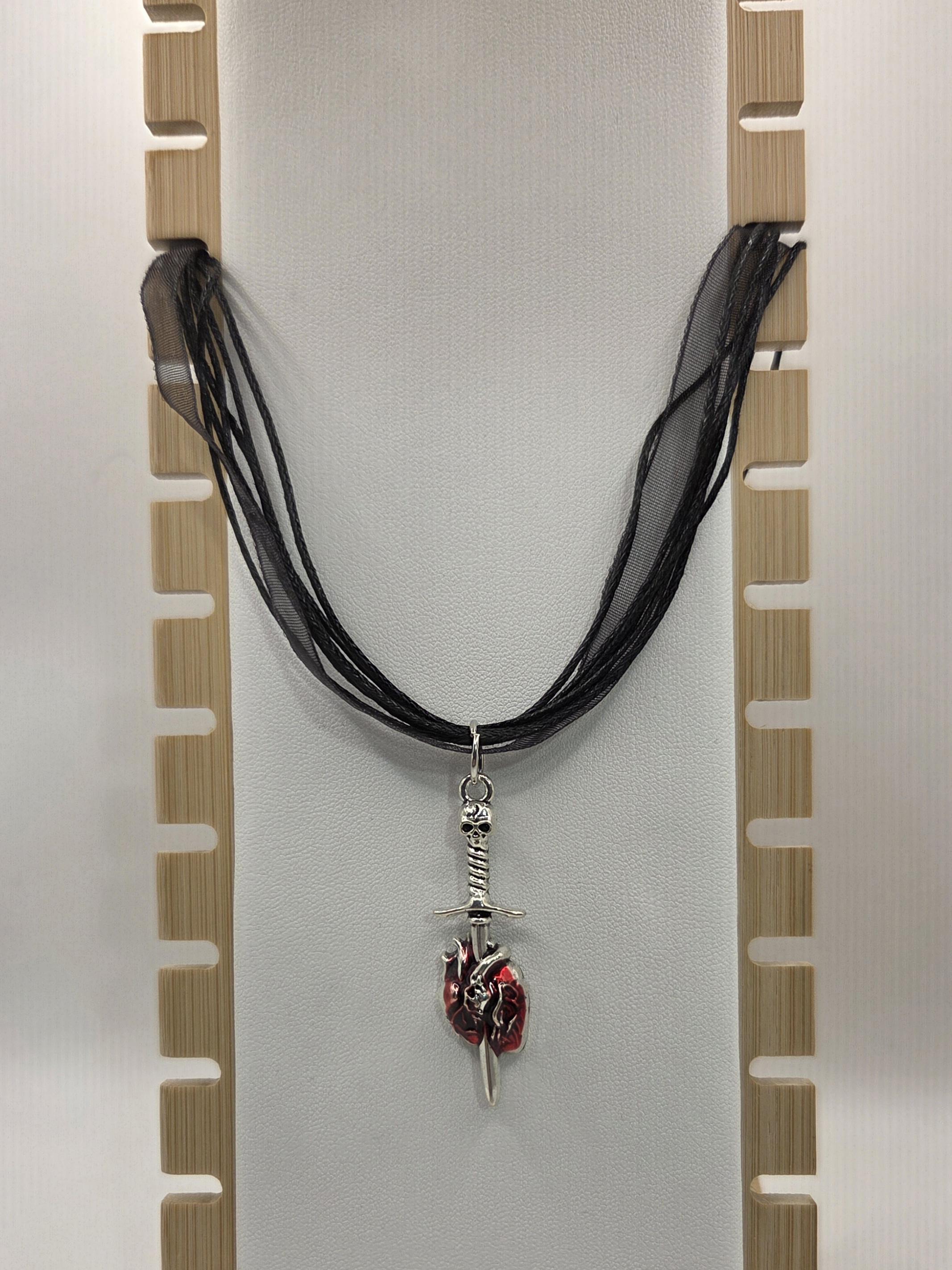 Black Ribbon Necklace with Anatomical Heart Sword Pendant, Gothic Adjustable 18–20 Inch Necklace