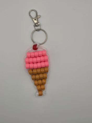 Pink Ice Cream Cone Keychain, 5.5 Inch Beaded Bag Charm, Handmade Sweet Treat Backpack Accessory