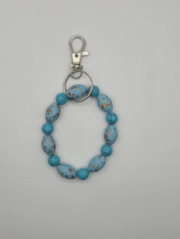 Blue Beaded Wristlet Keychain, Small Wrist Keyring, Turquoise Style Bag Charm with Swivel Clasp