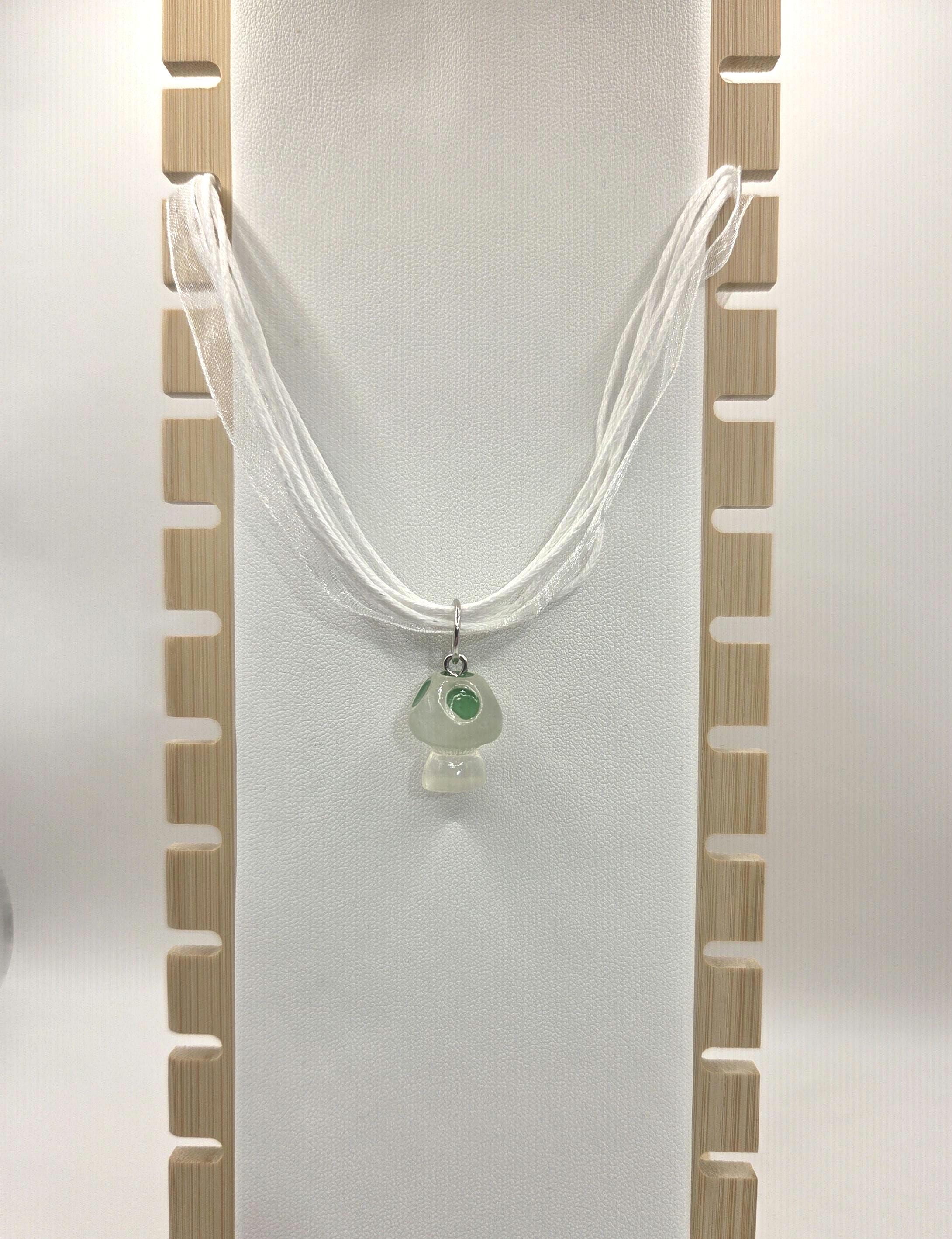 Green Mushroom Pendant Necklace, White Ribbon Cord Necklace, Adjustable 18–20 Inch Whimsical Jewelry