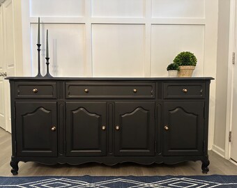 SOLD* Vintage Black Drexel Buffet with Matte Black Finish and Champagne Bronze Hardware