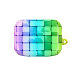 May include: A colorful, square-patterned case for wireless earbuds. The case features a gradient of colors, including purple, blue, and green. It has a small loop on the side for attaching to a keychain or lanyard.