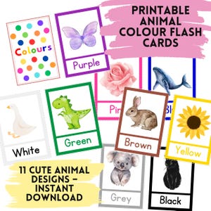 Schede didattiche stampabili con animali – Riconoscimento dei colori Montessori, schede didattiche sui colori per bambini