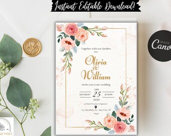 ROSES - Wedding Invitation Template, Blush Pink Wedding Template, Wedding Invitation, Floral CANVA Invitation Editable Wedding