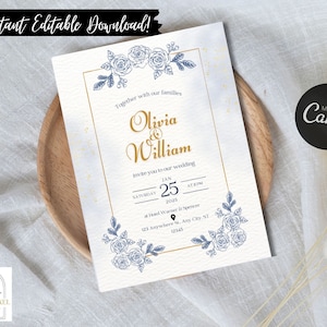 Editable Dusty Blue Floral Wedding Invitation Template, Wedding Invite Card, Printable Elegant Roses Steel Blue Invitations, CANVA