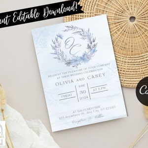 Dusty Blue Wedding Invitation Template, Blue Wedding Invitation, Editable Template, Blue Botanical Wedding Invitation, CANVA