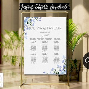 Bewerkbare Instant Download bruiloft zitplaatsen grafiek, bloemen stoffige blauwe bruiloft zitplaatsen grafiek, blauwe bloemen zitplaatsen grafiek voor doop/communie