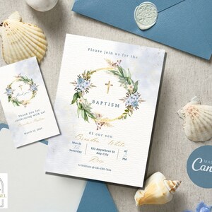 Modèle d'Invitation de baptême, faire-part de baptême garçon, fleur baptême Evite, minimaliste modifiable de baptême