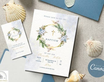 Baptism Invitation Template, Boy Baptism Invitation, flower Baptism Evite, Editable Baptism minimalist