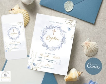 May include: A blue and white baptism invitation with a watercolour wreath and cross. The invitation reads "Join us for the Baptism of our son Brandon White, March 12, Saturday, 123 Anywhere St, Any City, at 2 PM. RSVP to William at 16-475-7654."