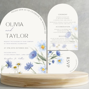 Floral Arch bruiloft uitnodiging sjabloon Suite, afdrukbare stoffige blauwe Wildflower bruiloft uitnodiging bundel met boogvorm, bewerken in CANVA