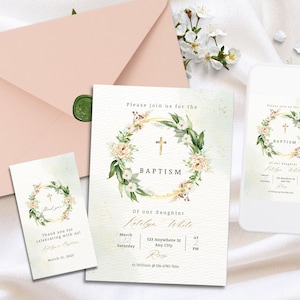 Taufeinladungsvorlage, Mädchen-Taufeinladung, Blumen-Taufe-Evite, editierbare minimalistische Taufe, grün-weiße Kranz-Einladung