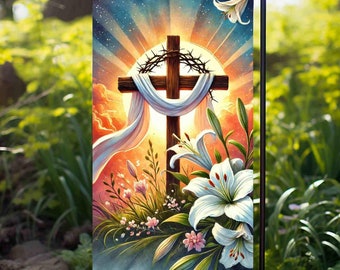 Add Text, A Wooden Cross with A Crown of Thorn, Garden Flag, Sublimation Designs, Lilies White Flower Religious, PNG, Digital Download 12x18