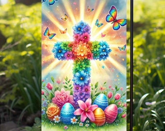 Flower Colorful Easter Egg Cross, Religious Garden Flag, Sublimation Designs, Cross PNG File, Digital Download 12"x18"